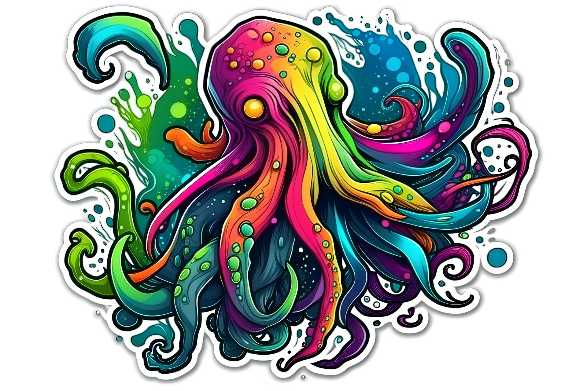 create alien style monsters, with huge tentacles and claws at the end, with colors splashing in the back all around them, miyazaki style, illustration, no shades, sticker