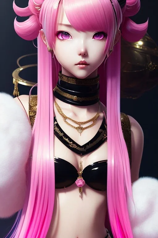 Detailed cute anime Kunoichi girl, pink hair buns, pink bangs, black latex bodysuit, intricate details, full body portrait, keep head in frame, slight smile, black Japanese motif, concept art, highly detailed, digital painting, concept art, sharp focus, illustration, art by Yoji Shinkawa, WLOP and greg rutkowski and alphonse mucha and artgerm and yanjun Chen and Junji ito and Makoto Shinkai, HDR, octane render