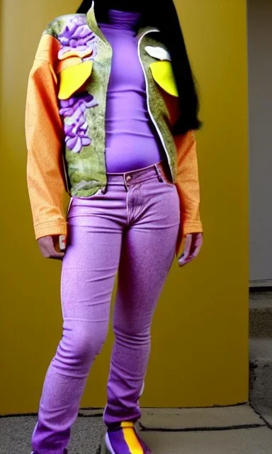 Photo of Asa akira. Camouflage colors are terracotta, cream and purple, lilac and Cream latex, imperial yellow, red plum. Baggy jeans! plant print.European daft punk woman. Mantle is sewed of recycled Denim and sewed together of recycled polymer felt. lace, Yellow(Munsell) areas. hint of orange as effect color!!Big bright purple/khaki felt tippet and cream or blue or lilac colored-hood. mantle is merged with satchel. . AKG-style headphones is merged with felt cap, cyan small visor. Baggy jeans!