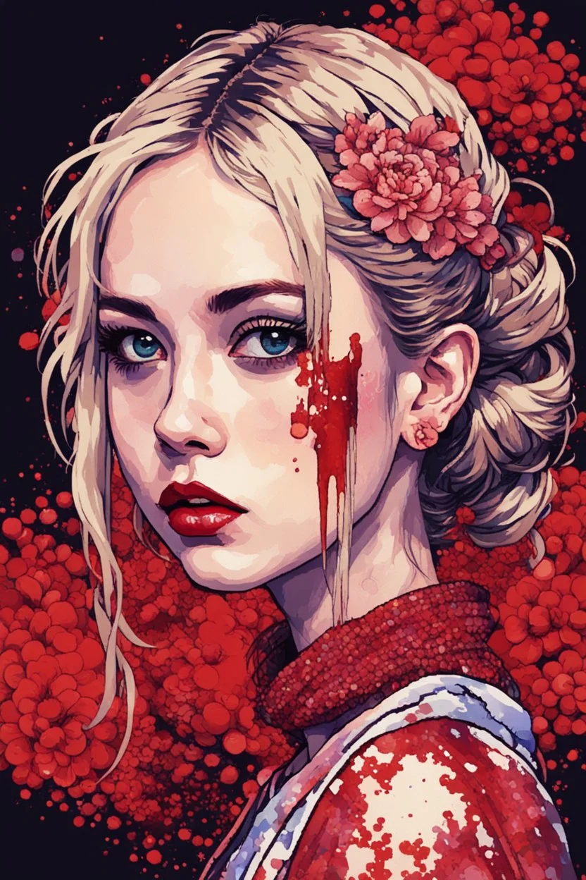 Singer Danish MØ face, blood, guts, wildflower, cosmic, futuristic, iridescent, intricate, background liquid, behind made 8bits and Pixel Art, watercolor illustration by <Katsushika Hokusai>, darkred tones,