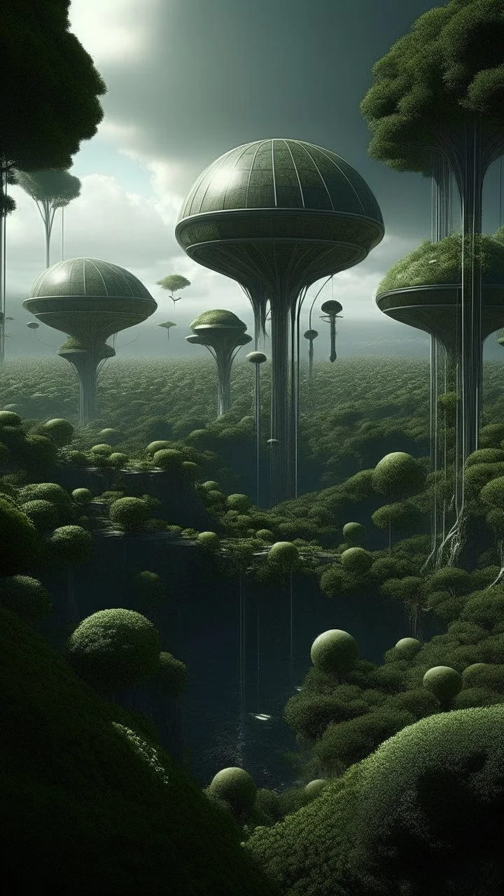 sci fi planet, futuristic tall city, tree canopy, strange alien plants