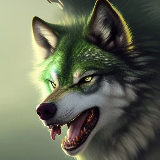 Green Wolf, red eyes, 8K, cinematic lighting, sharp focus, masterpiece, expert