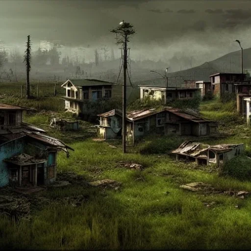 Postapocalyptic small town in hills, overgrown, hyperrealistic