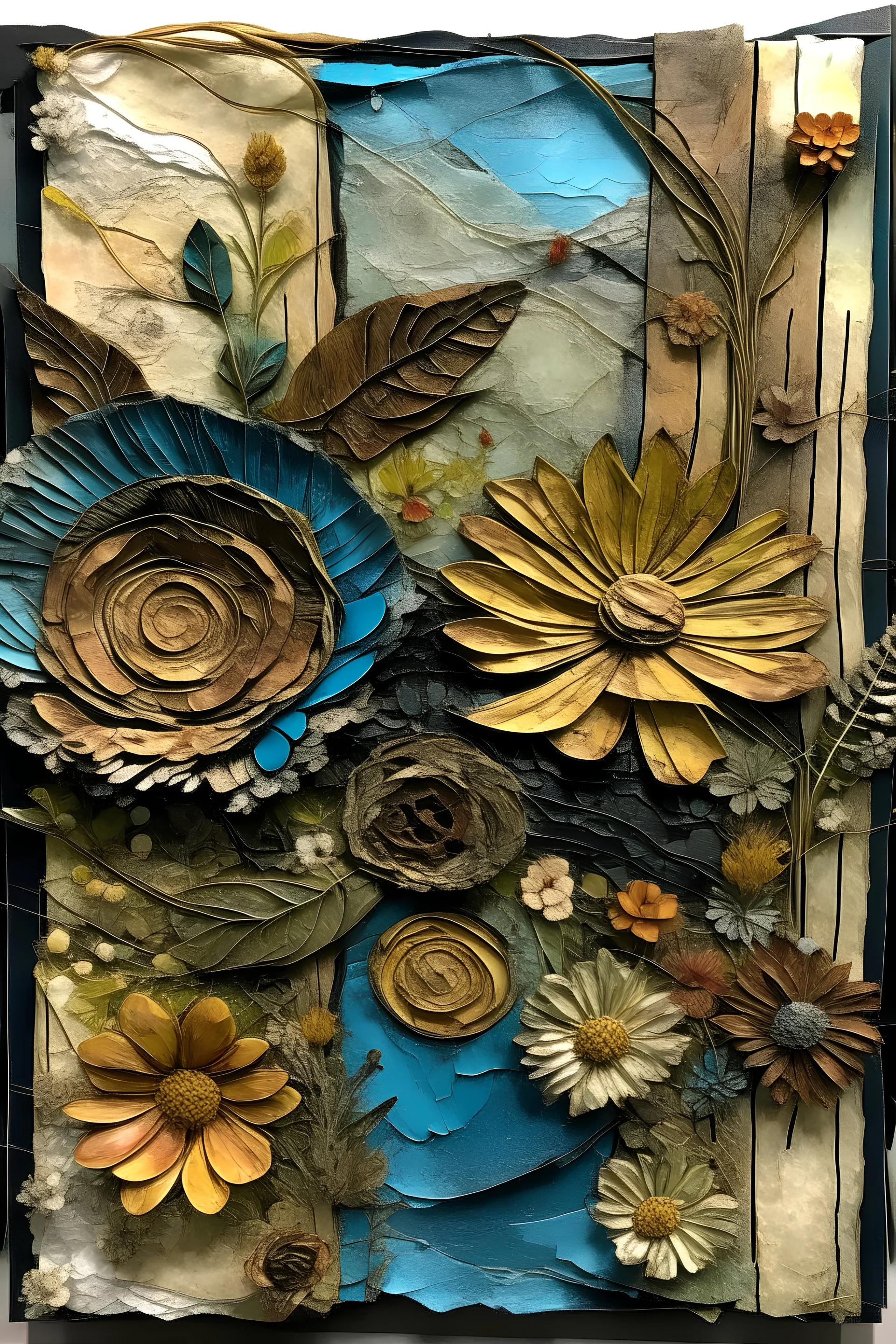 Boho Mixed media artwork with layers of textured paper, dried flowers, and acrylic paint, creating a dimensional and tactile floral composition.