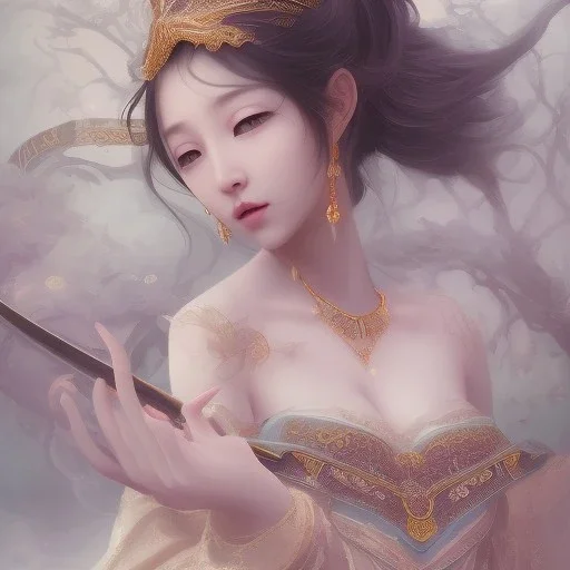 smooth hyper realistic, beautiful Japanese goddess, pale colors, run on dark cosmos background, cat еye, extremely sharp detail, finely tuned detail, ultra high definition, 8 k, unreal engine 5, ultra sharp focus, accurate sword wings, positive smile, lot of details, fit within portrait, Ambiance winter, perfect composition, perfect hair, perfect hands, finger up gestures