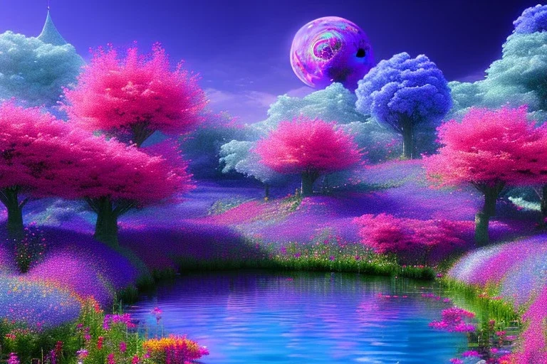 monde en fleurs, blue lake, flower tree-houses, concept art, crépuscule , fuksia bleu oranger, vibrant Color, réaliste, riviere bleu, tree-house bougainvillier, roses