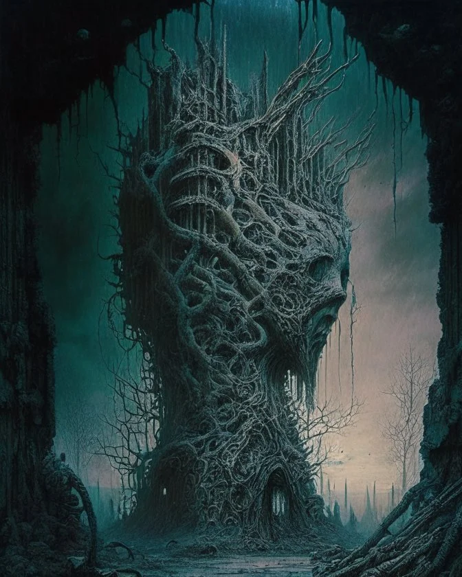 A captivating vision of a post-apocalyptic world, where nature has reclaimed the remnants of human civilization and new lifeforms have emerged, in the style of dark fantasy art, intricate details, moody lighting, and thought-provoking compositions, influenced by the works of H.R. Giger and Zdzisław Beksiński, reflecting on the impermanence of humanity and the resilience of nature.