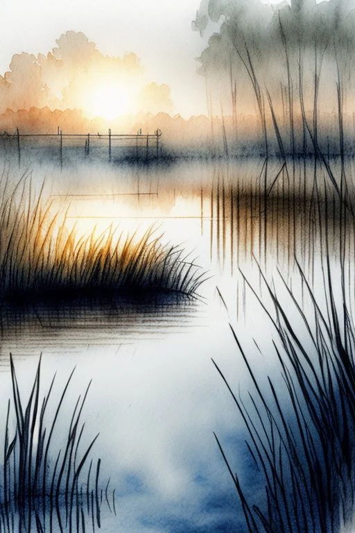 Reeds, lake, reflection, sunrise, Misty morning, ducks on the water, birds in the sky smooth intricate high definition beautiful lighting pencil sketch watercolor polished warm light LNF