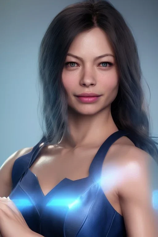 kristin kreuk face, blue chun li clothes, portrait busty and face, wearing blue dress, light effects, particles, china background