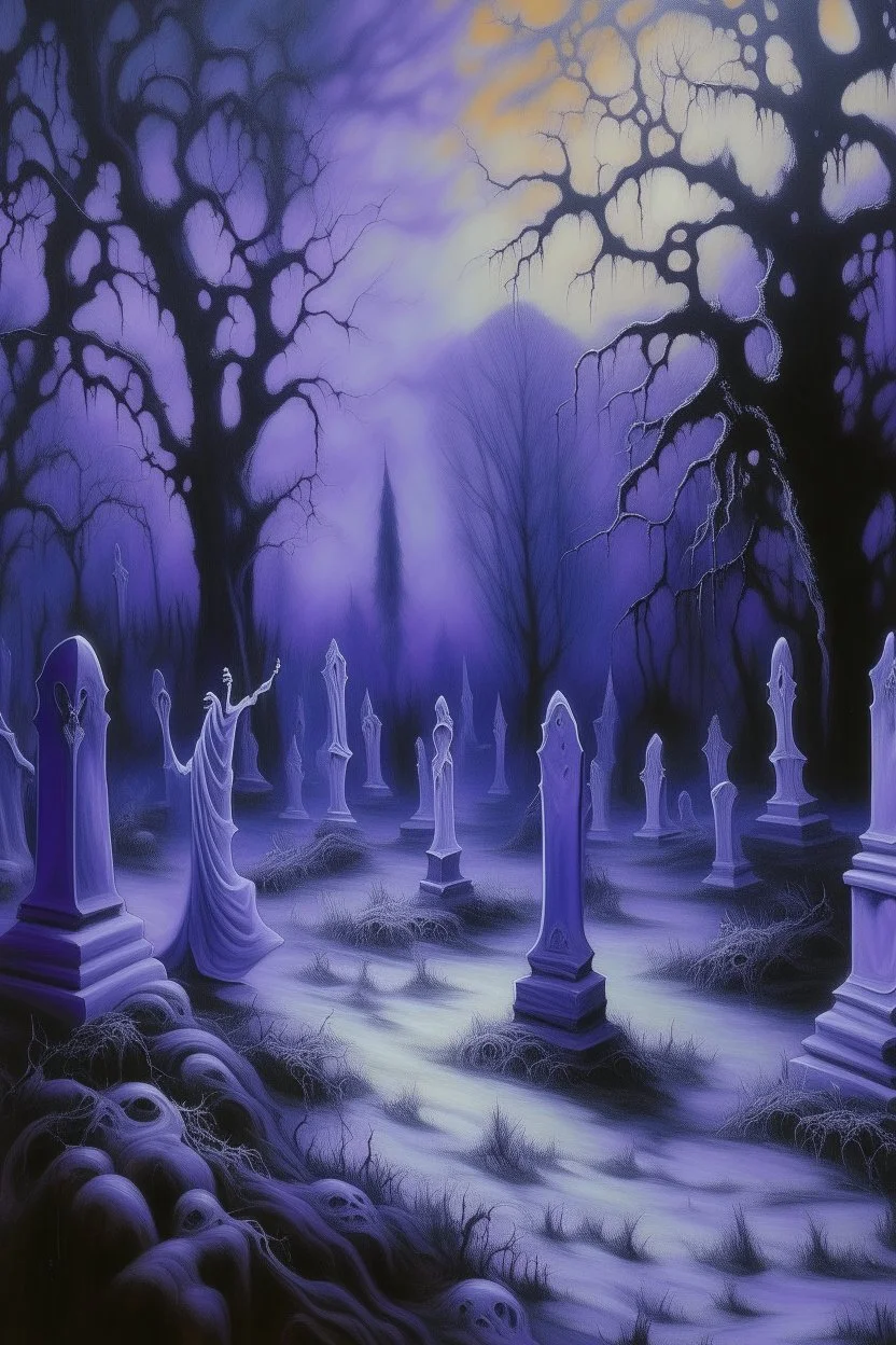 A purple graveyard with dancing ghosts painted by Alan Sorrell