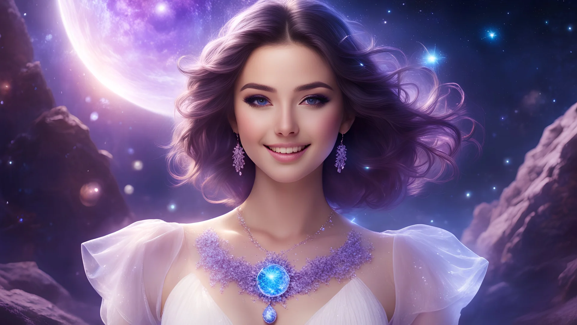 Luminous Look, beautiful girl, dark collected hair, brown eyes. warm smile. Wearing a crystaline transparent white dress. Lilac necklace. Cosmic environment, blue sun, nebulosas.
