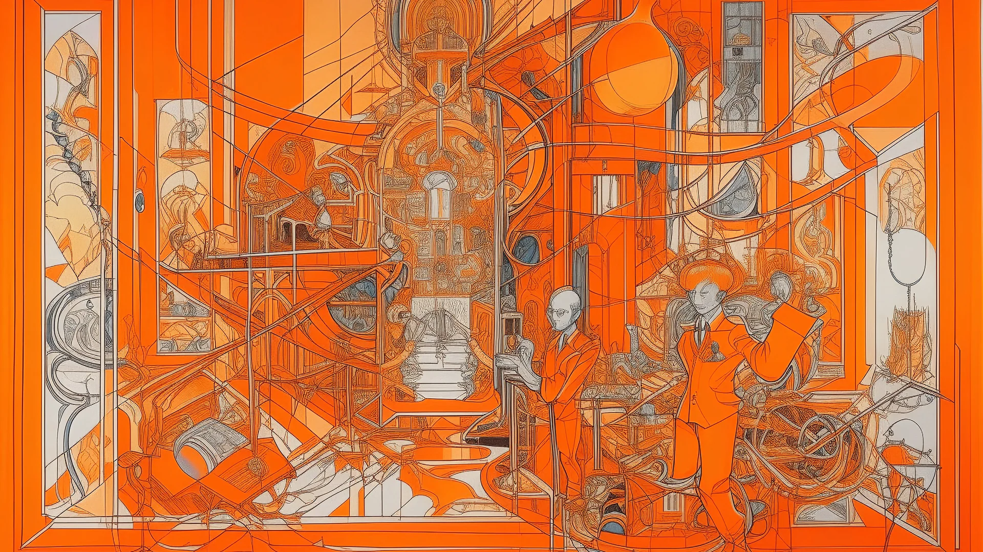 The image is an abstract painting with an orange background. The painting is composed of various lines and shapes that create a chaotic and dynamic composition. The main focus of the painting is a large central figure in the center, which appears to be a building or structure with multiple levels and intricate details. Surrounding the figure are several smaller figures and objects that appear to be connected by lines and dots. The figures are arranged in a way that creates a sense of depth and d