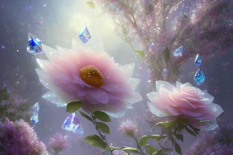 one big crystal subtle flower in a galactic ambiance with a very little beautiful fairy, transparent petals, delicate colors, in the foreground, full of details, smooth, bright sunshine，soft light atmosphere, light effect，vaporwave colorful, concept art, smooth, extremely sharp detail, finely tuned detail, ultra high definition, 8 k, unreal engine 5, ultra sharp focus