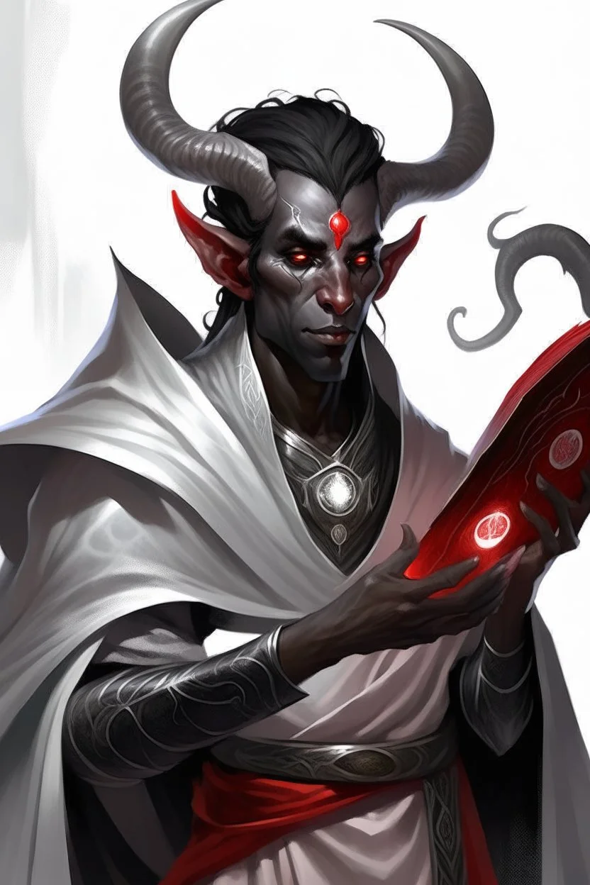 En Young male black skin black hair tiefling Wizard with large horns. a book with Arcane Magic floating in front of him. He's wearing silver and White Rope and a silver cloak. His horn a perfectly place on acet from the front to the back pointing upwards with glowing Red cat Eyes. His close is elegant get simple. Casting and ice spell