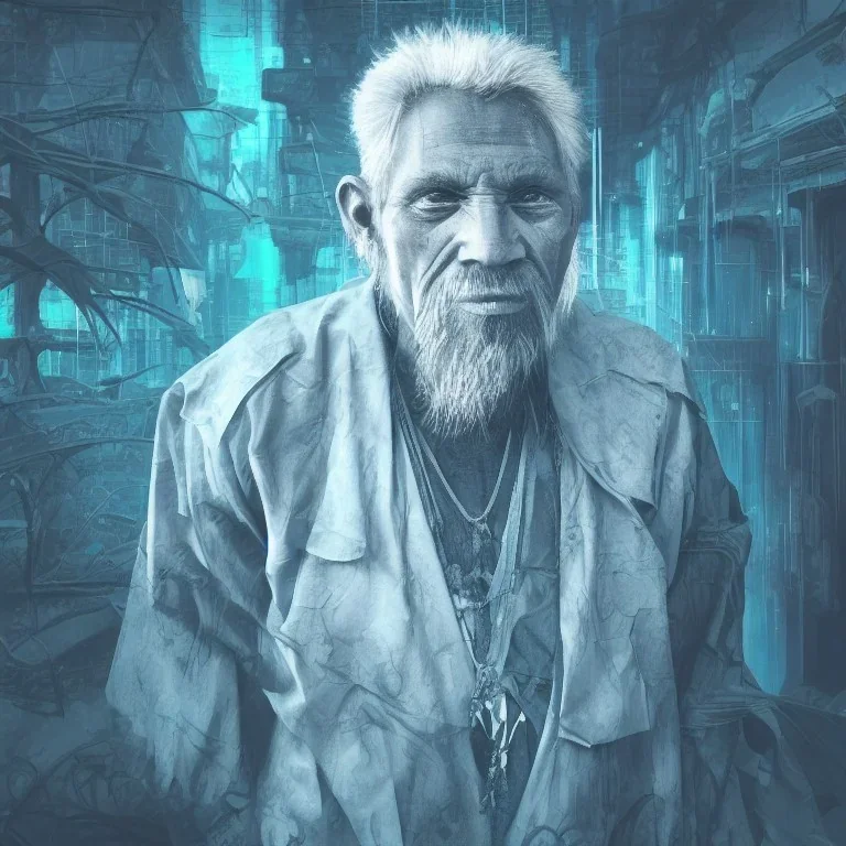  3D render of a cyberpunk tribal old man, gray hair and goatee, on a dark blue jungle background, digital art