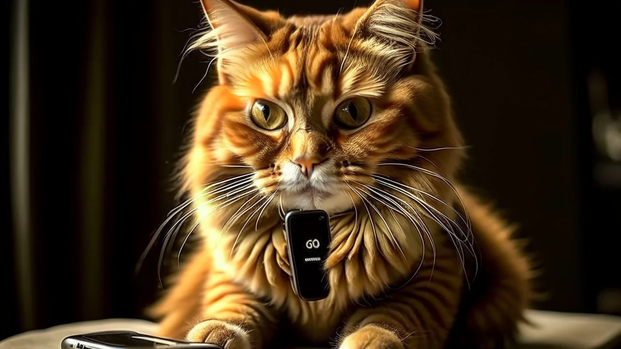 very clever cat with smartphone. Make the cat smaller and smartphone bigger