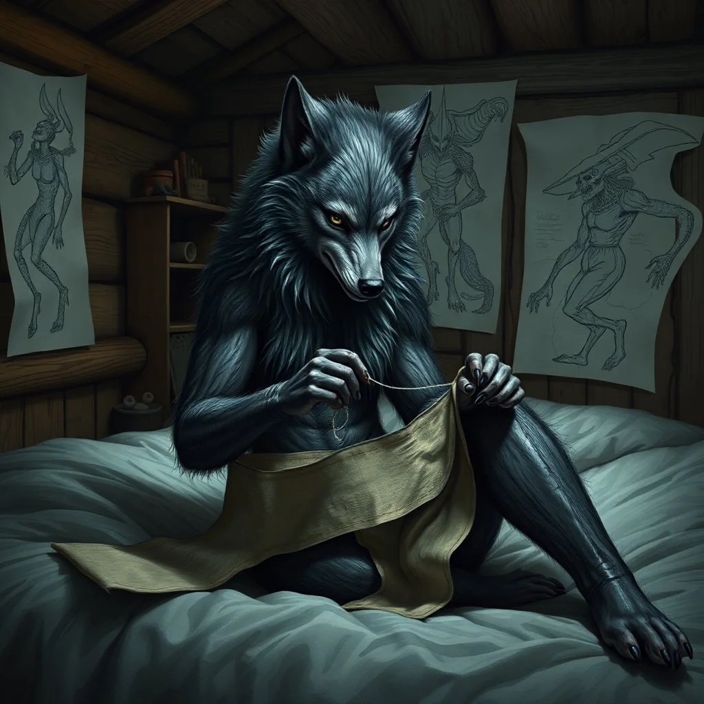 an anthropomorphic wolf woman hybrid full furry on her body sitting in the middle of a bed with a sewing needle and thread in her paw sewing a wide material belt, around her in the background are some paper with sketchy line kind drawings from monster on the walls of the wooden house, high realistic, detailed, cinematic, sci-fi, digital art, dark fantasy mood