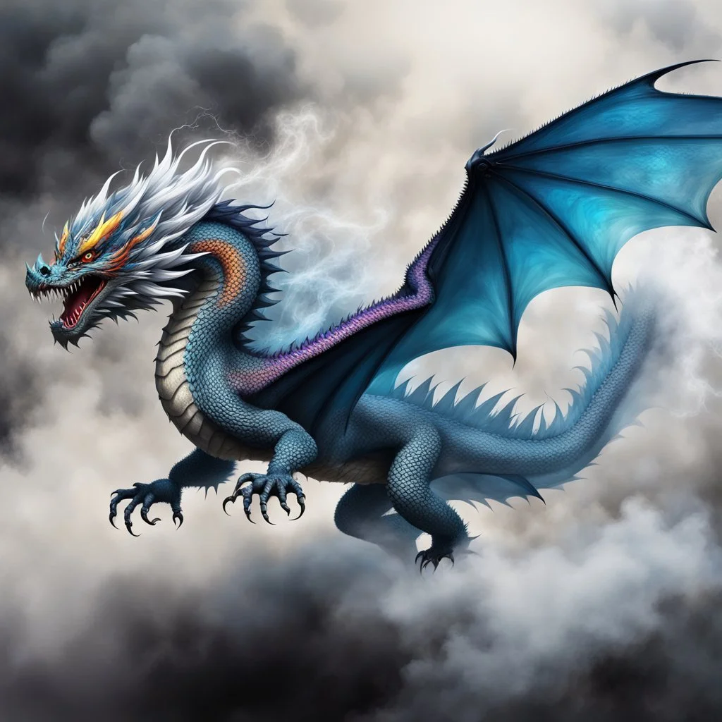 a sturdy colorful asian dragon with bat wings and curly white fur, smokey breath and fire, claws, spikes along back, a long tail, moving forward towards viewer, out of the smoke and mist, webbed wings, attacking