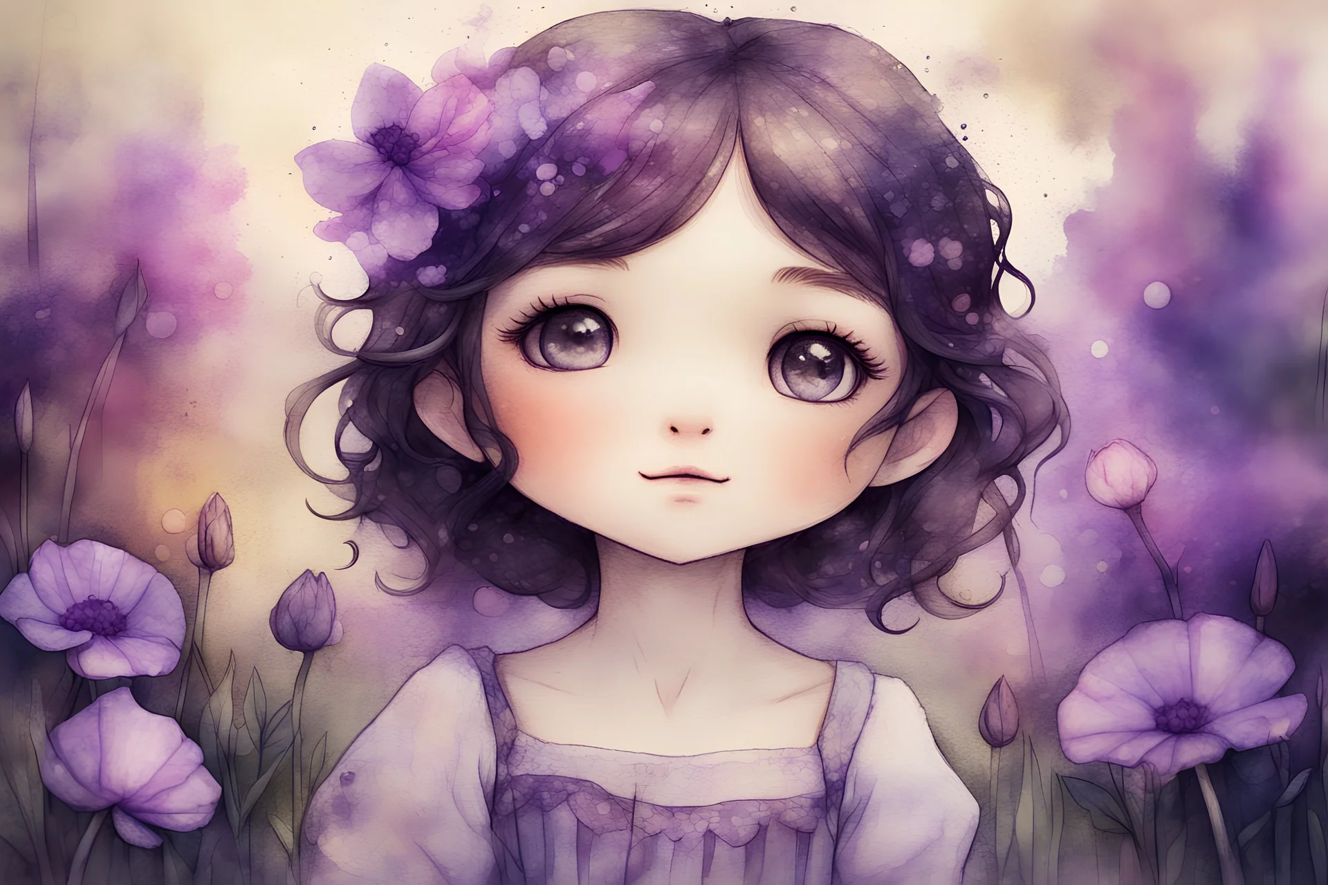 double exposure, merged layers, painted and burned burlap, cute chibi contented brunette anime purple flower princess in a flowergarden, melting watercolor and black ink outlines on wet paper, soft, shading strokes, in sunshine, ethereal, otherwordly, cinematic postprocessing, bokeh, dof