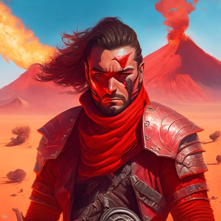 A portrait of a manly man wearing a red armour biker, in a desert with a volcano background. Magic the gathering style art.