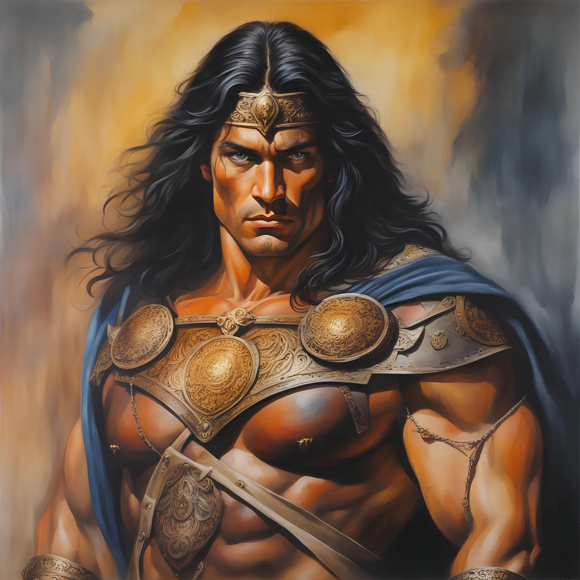 Conan the Barbarian as Superman, dark, multicolored watercolor stained wall in the background, oil painting in the art style of Boris Vallejo, 32k UHD, Hyper realistic, photorealistic, realistic, sharp, highly detailed, professional quality, beautiful, awesome, majestic, superb, trending on artstation