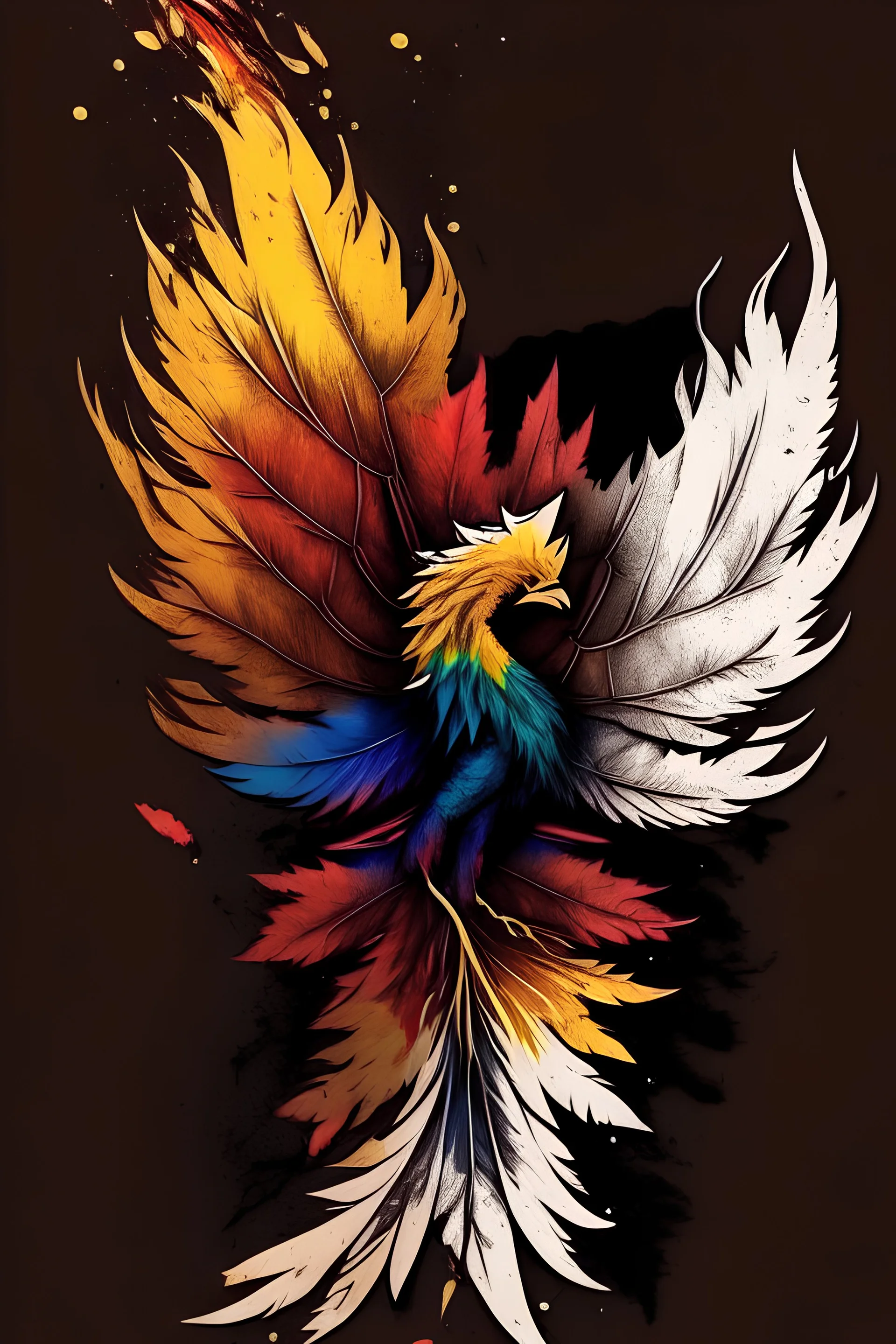 phenix rising from the ashes. canadian maple leaf on its chest. feathers to match the intersex progress flag colors.