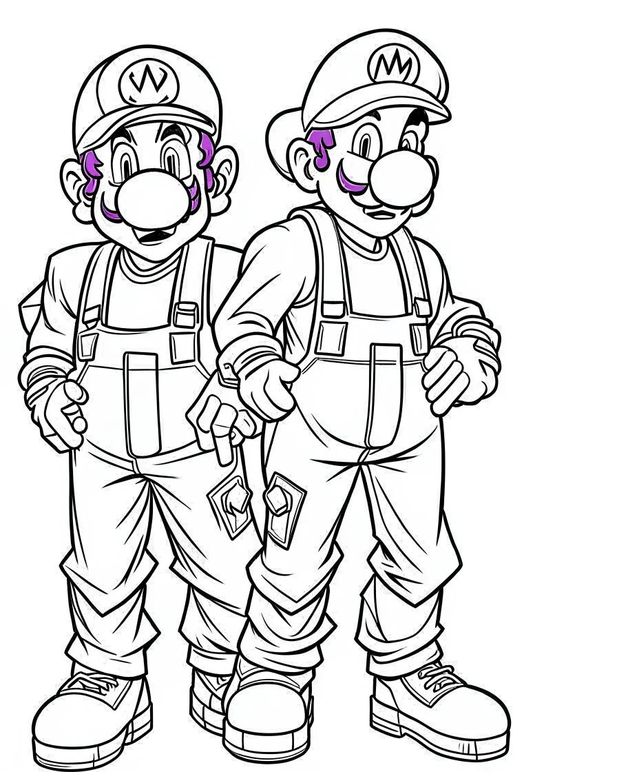 Waluigi and mario coloring page, full body (((((white background))))), only use an outline., real style, line art, white color, clean line art, white background, Sketch style