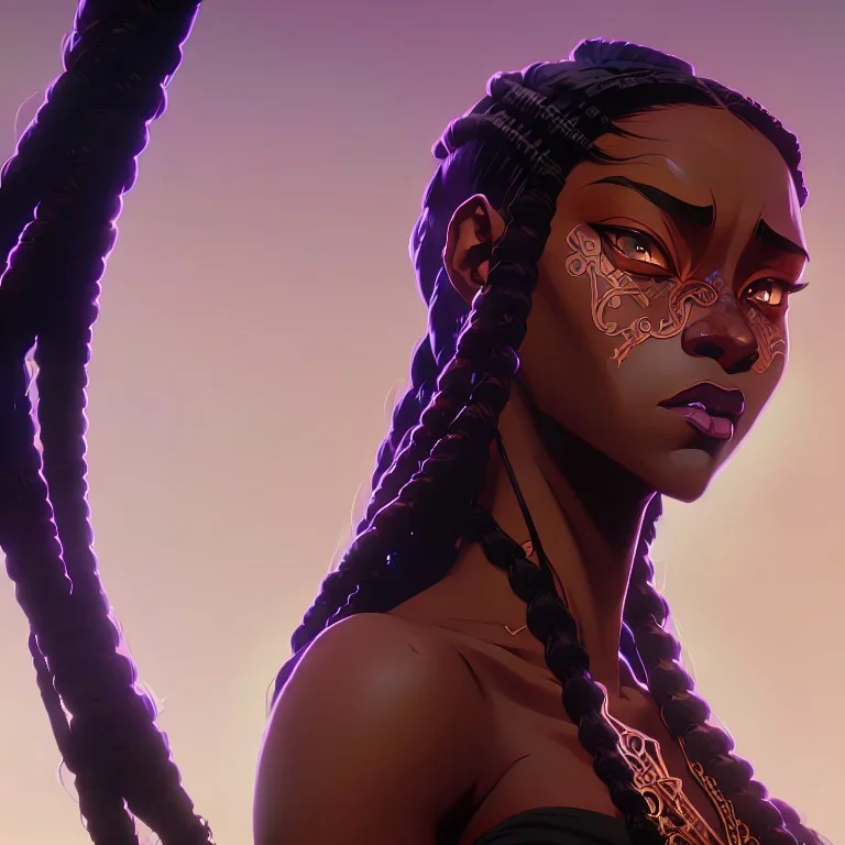 Beautiful Black woman with long braids, Anime Key Visual, Deep Color, Intricate, 8k resolution concept art, Natural Lighting, Beautiful Composition head and shoulders portrait, 8k resolution concept art portrait by Kentaro Miura, Alphonse Mucha dynamic lighting hyperdetailed intricately detailed Splash art