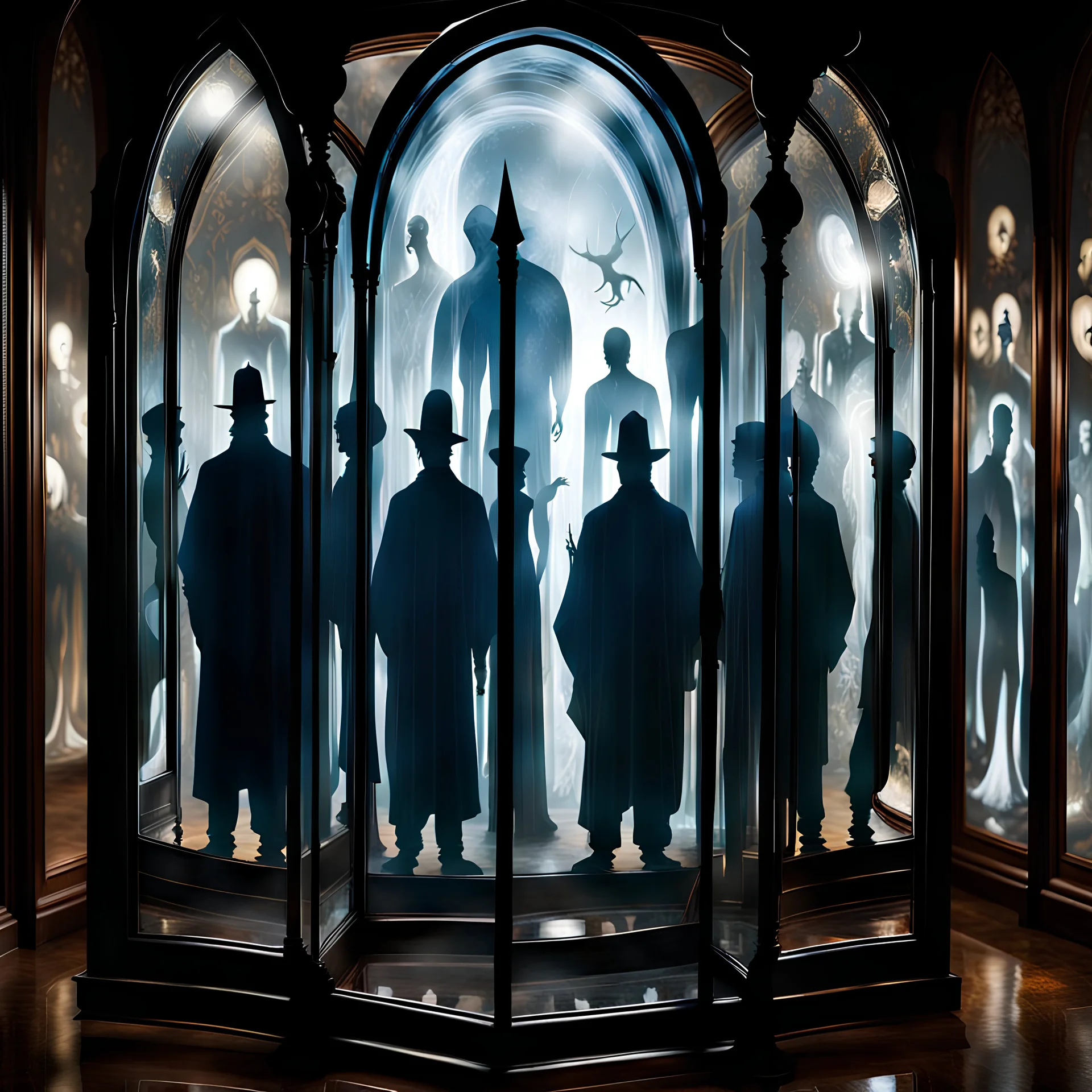 there are many transparent silhouettes superimposed on each other,Through the looking glass,ghosts,lots of mirrors,from a mirror mazayka, the variety of characters represented,
