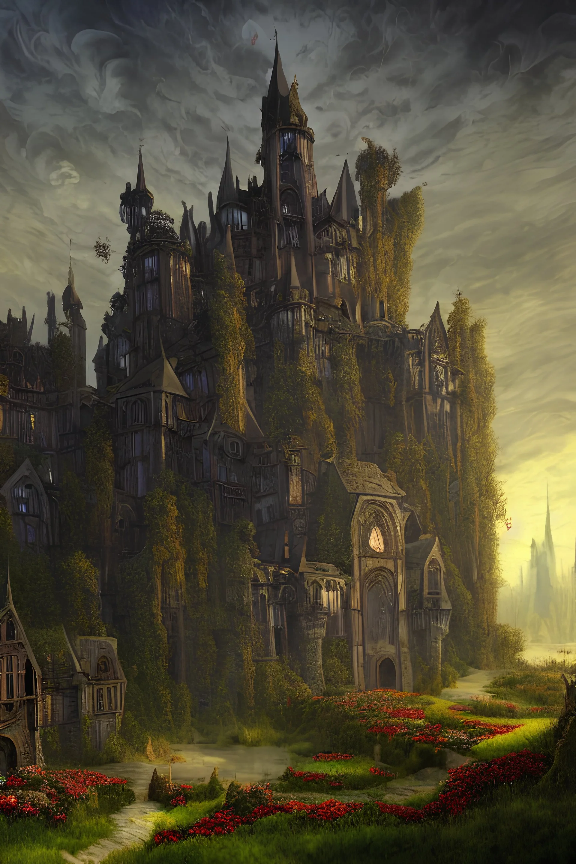 a beautiful digital illustration painting of a detailed gothic fantasy castle and roots, dark mushroom, flowers by benoit b. mandelbrot, steven belledin, martin johnson heade, lee madgwick, caspar david friedrich, and david rios ferreira. 8 k resolution trending on artstation concept art digital illustration