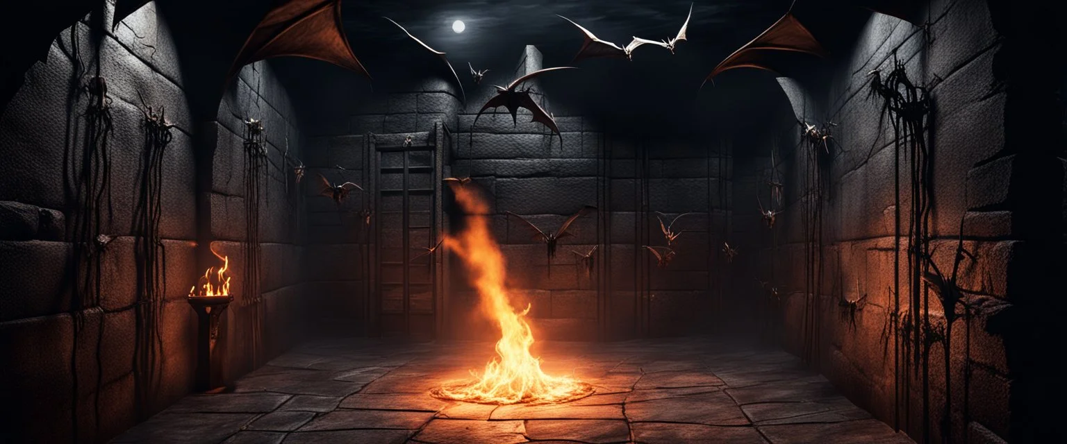 Hyper Realistic dark dungeon with a flame torch with bats flying & cobwebs on dark rustic walls at night