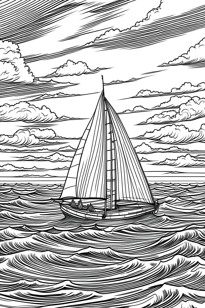 A sailboat glides gracefully across the endless expanse of a tranquil, azure ocean, its sails billowing in the gentle breeze. The vastness of the open sea stretches as far as the eye can see, offering a profound sense of boundless freedom and adventure..coloring book page, simple and clean line art, adult drawing book, black and white, crisp black lines, no shades, sharp lines, coloring book for adults, cartoon style, landscape