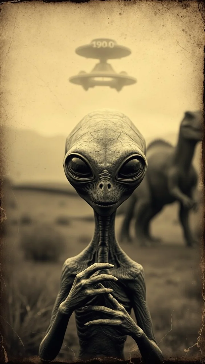 An old picture style of brown and white and very bad quality old camera with cracks of an Alien has no mouth and no nose just flat face and just a big eyes holding the year 1900 in the background a dinosaur from a distance with small ufo starship