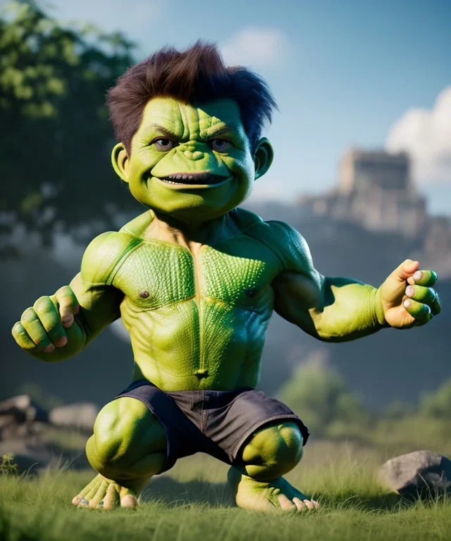 Hulk toddler, full body, dramatic lighting, smile, hyper realistic