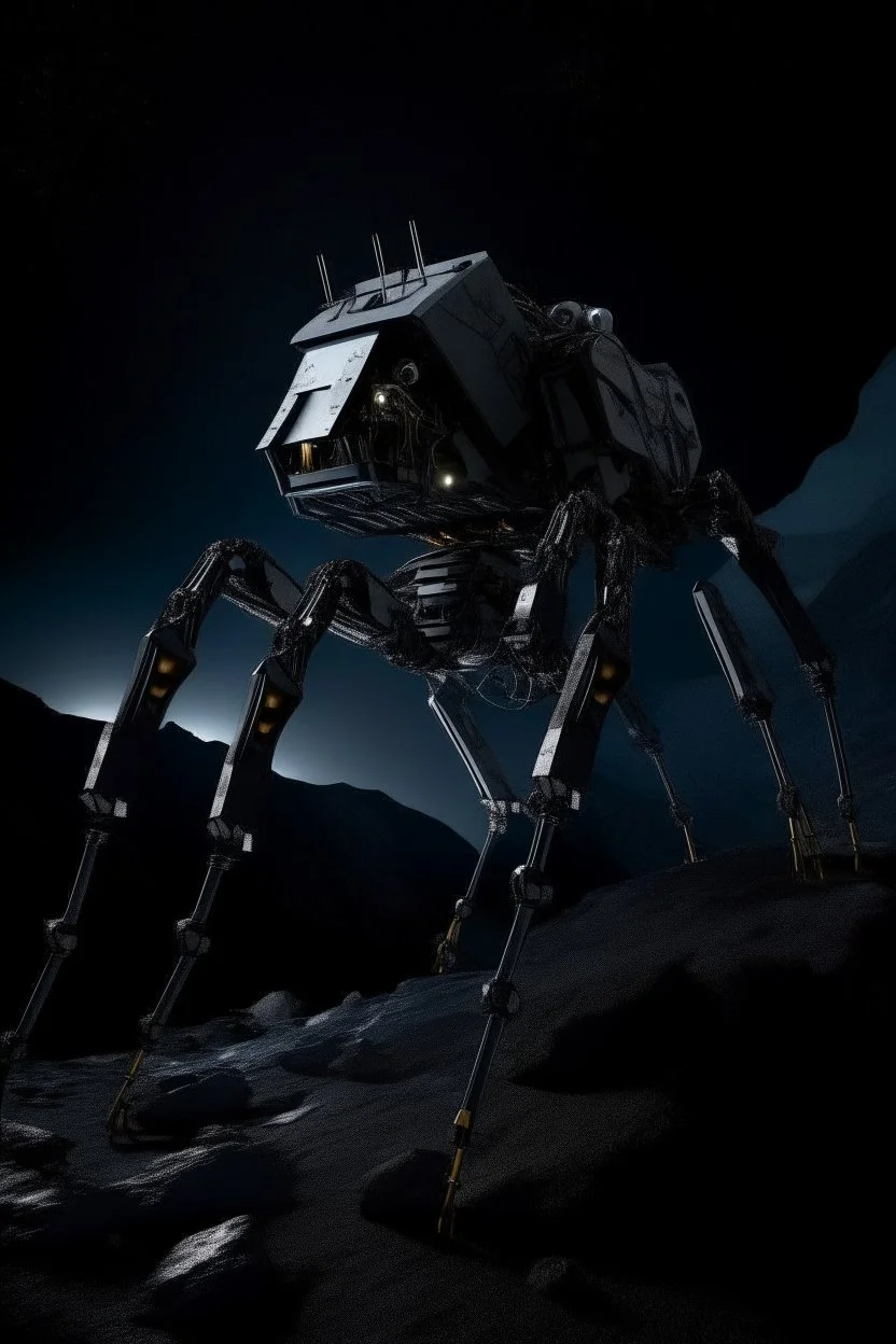 eight legged mechanical walker scaling a very steep rocky side of mout everest at night, it has a smooth surface, it has storage pods on its belly human can fit in the pods