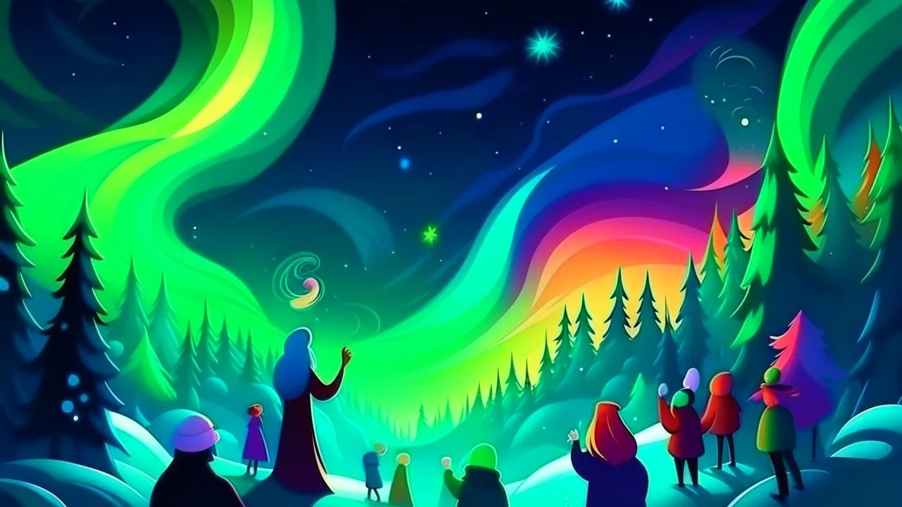 fantasy cartoon illustration: Norther lights during Christmas party