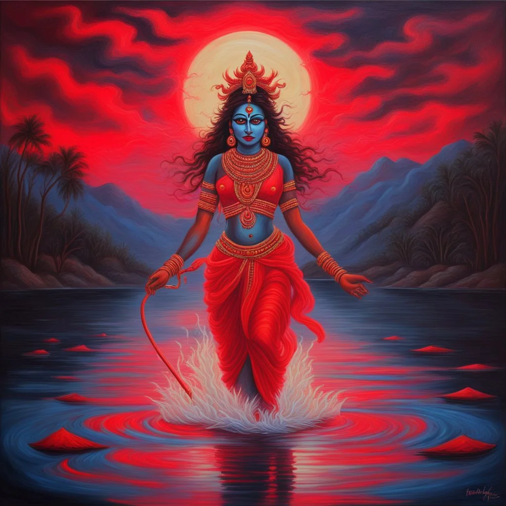 An oil painting of goddess Kali crossing a lake neon red colors