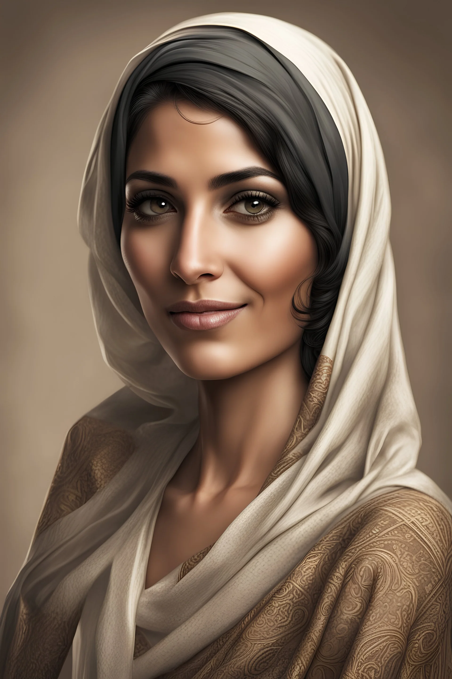 realistic arab woman, mid thirties, short hair, deep olive toned skin, no hijab