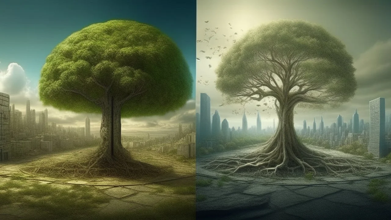 the last tree on earth, portal to a space near the tree on the left, on the right city of the future year 4222, very realistic,