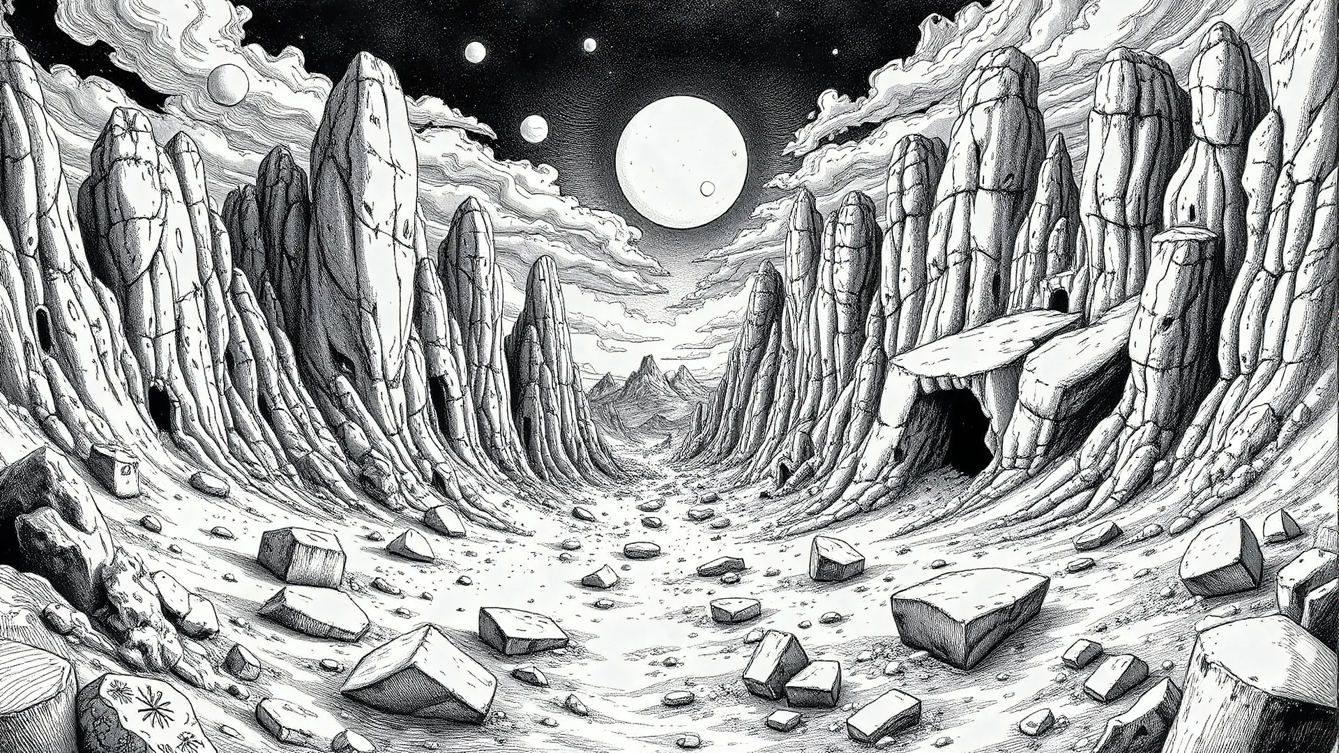 Detailed engraving style illustration of a strange rocky desert landscape, with hidden symbols and meanings, inspired by the works of M.C. Escher and Salvador Dali, surrealism, intricate details, high contrast black and white tones