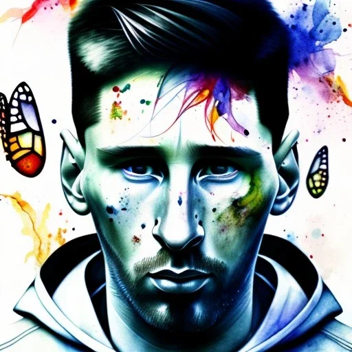 Messi face,watercolor illustration by <agnes cecile> butterflies everywhere, plants, wildflower,