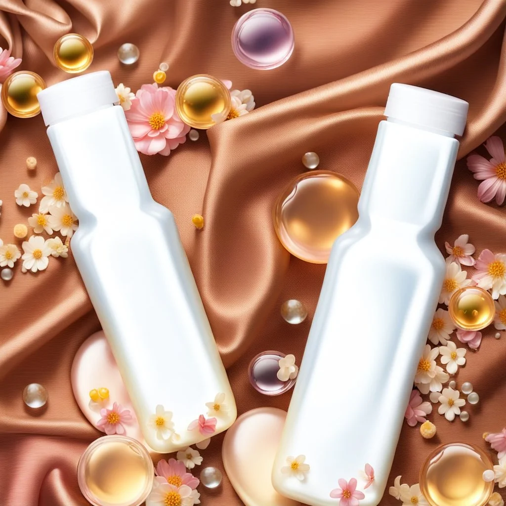 two cosmetics bottles are on a silk fabric, behind a beautiful floral spring floral background, the picture is top view, in the background there are beautiful soap bubbles, molecules and honeycombs, high-quality picture, top view