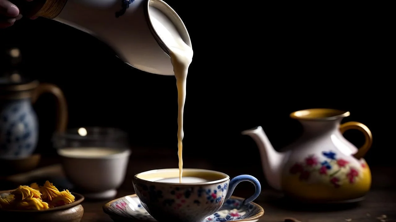 A cozy scene of a teapot pouring a stream of milk into a cup of tea, creating a beautiful contrast of colors.