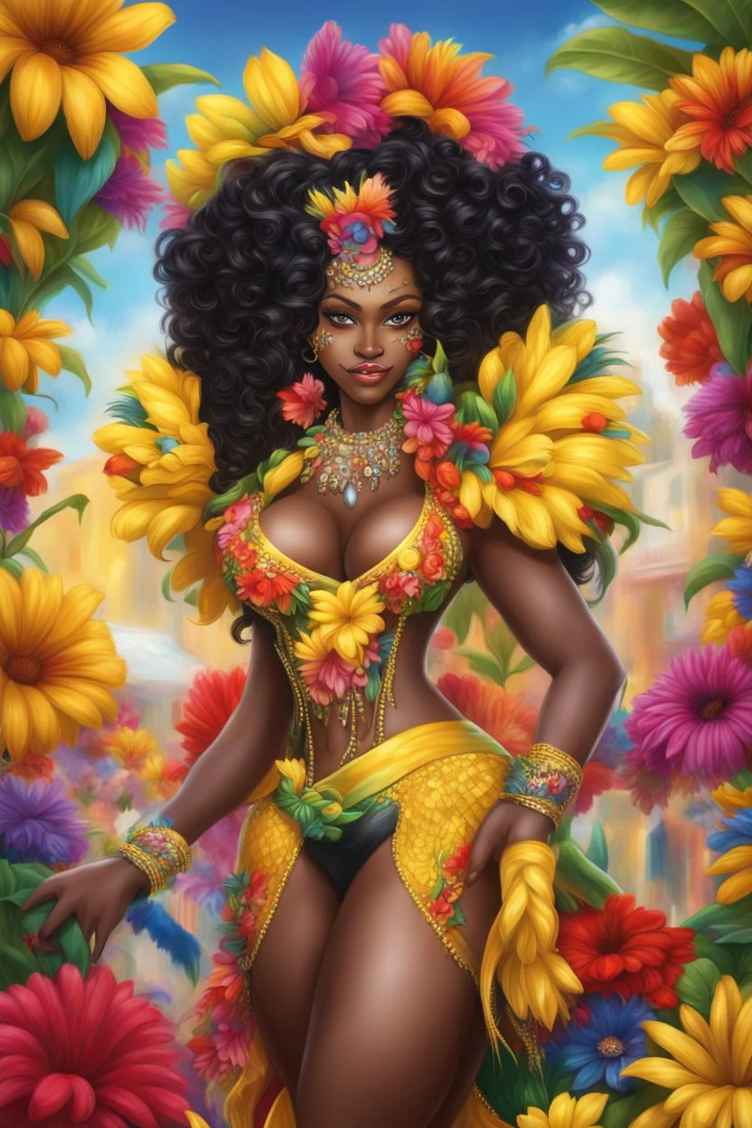 Create a digital airbrush cartoon of a curvy African American female wearing Brazilian carnaval outfit outfit that's Black, yellow, and red Prominent make up with hazel eyes. Highly detailed very long extremely curly black hair. Her skin is smooth and silky. Background eof a judge full of colorful flowers