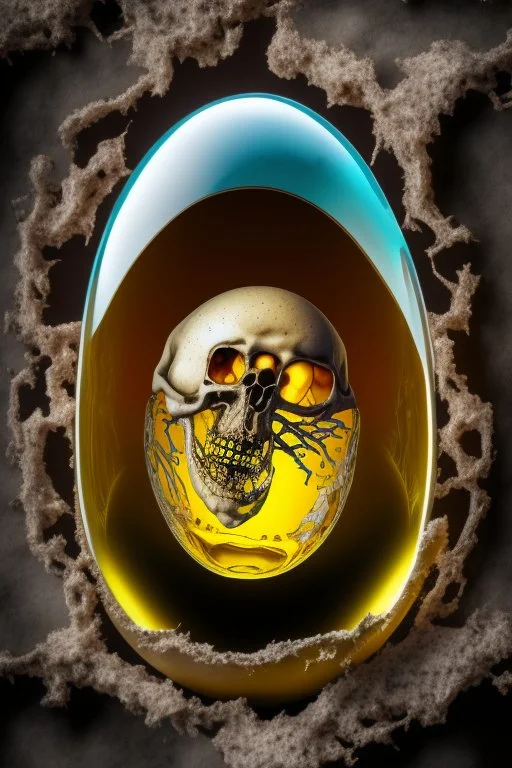 a haunting image of an embryonic human skeleton emerging from a cracked egg