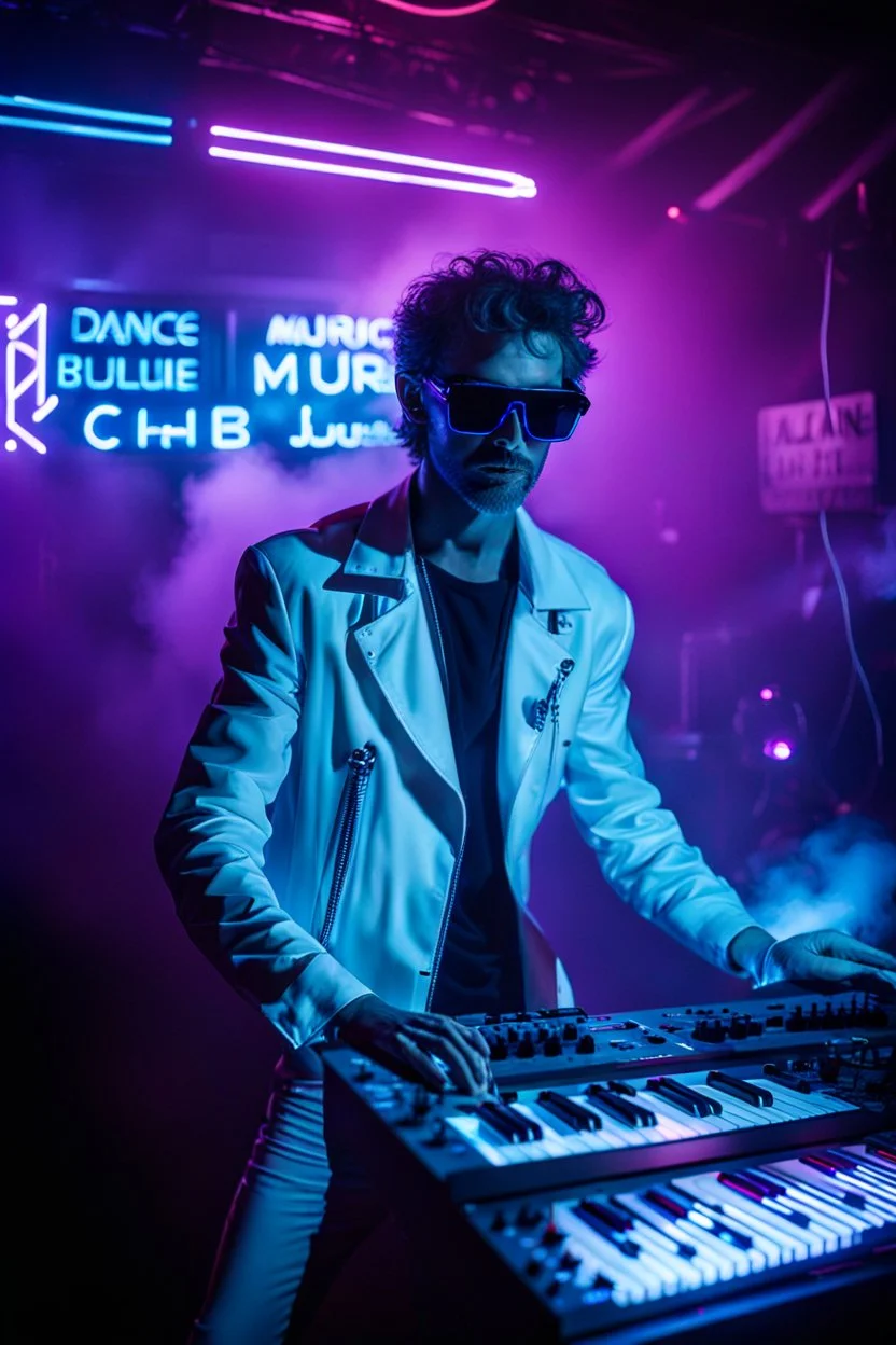 French cool synth player, he is called "Jean-Maurice Brûlée" performing at dance club, his name is "Jean-Maurice Brûlée" , white and blue Neon lights and smog, and "URANIUM" big sign on the wall, he is playing on synthesizers on stage with lot of laser beams and wearing black sunglasses