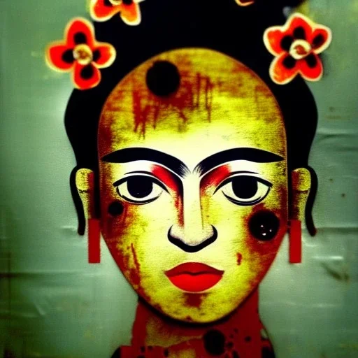 an abstract painting of rusted metal and flowers, Geisha portrait, rust, scaffolding, iron cladding, decay, mixed media, textured, anatomically correct, beautiful perfect face, sharp focus, highly detailed by Frida Kahlo 8k