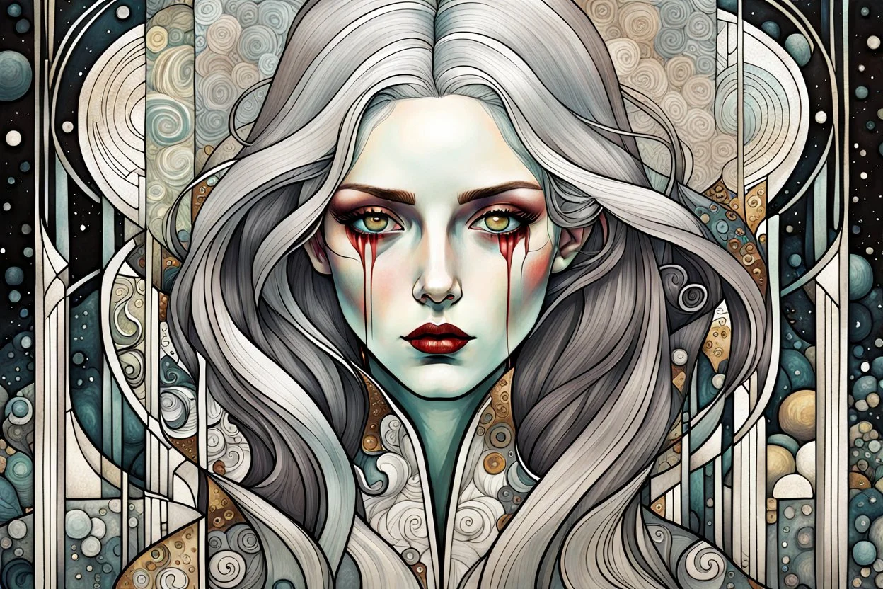 create an abstract, cubist, highly ethereal, darkly magical full body illustration of a deeply sorrowful, silver haired, vampire girl with highly detailed and deeply cut facial features, in the style of GUSTAV KLIMT, EDWARD BURNE-JONES, WILLIAM MORRIS, and KATHE KOLLWITZ combined with the comic art style of BILL SIENKIEWICZ and JEAN GIRAUD MOEBIUS, searing lines and forceful strokes, precisely drawn, inked, and darkly colored