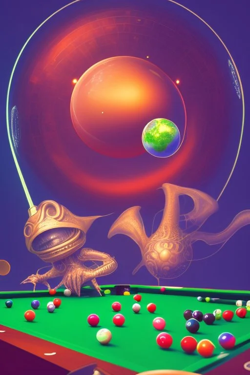 Aliens playing pool with the balls being planets. The main ball is planet earth