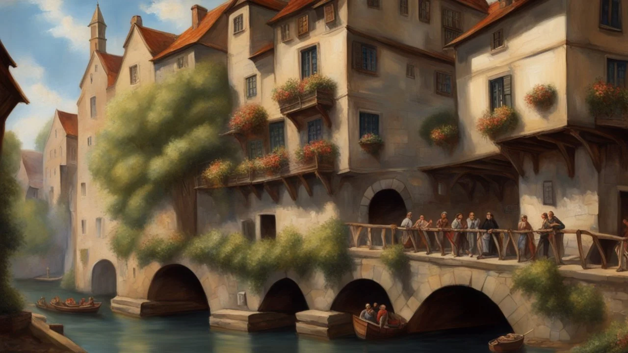 medieval buildings, balconies overhanging a river, blue sky and people, photorealism, trees, foliage, piers,